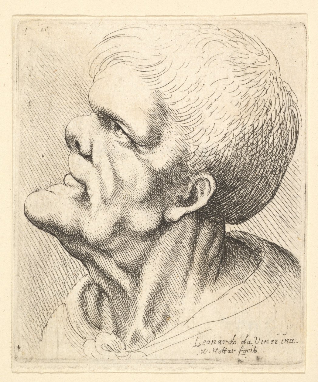 Głowa mężczyzny z wystającym podbródkiem i zadartym nosem, patrząca w górę z profilu w lewo, 1625-77. autorstwa Wenceslaus Hollar