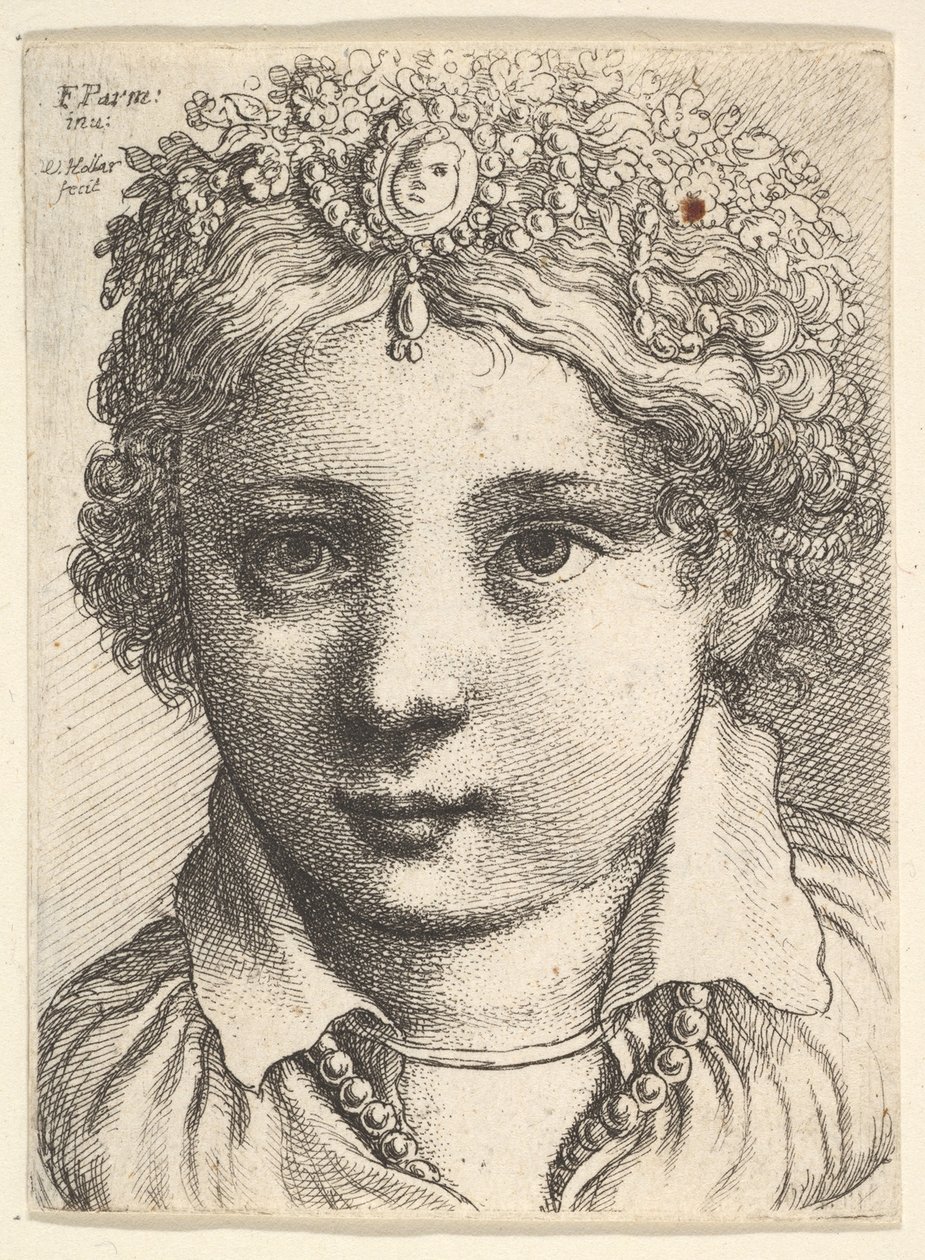 Głowa młodej dziewczyny w wysadzanym klejnotami nakryciu głowy, ca. 1645. autorstwa Wenceslaus Hollar