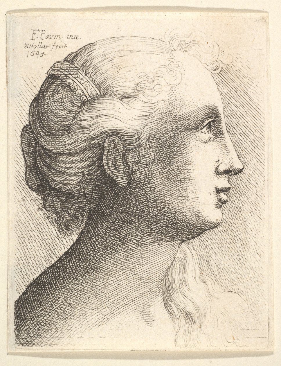 Głowa młodej kobiety z profilu po prawej, 1645. autorstwa Wenceslaus Hollar