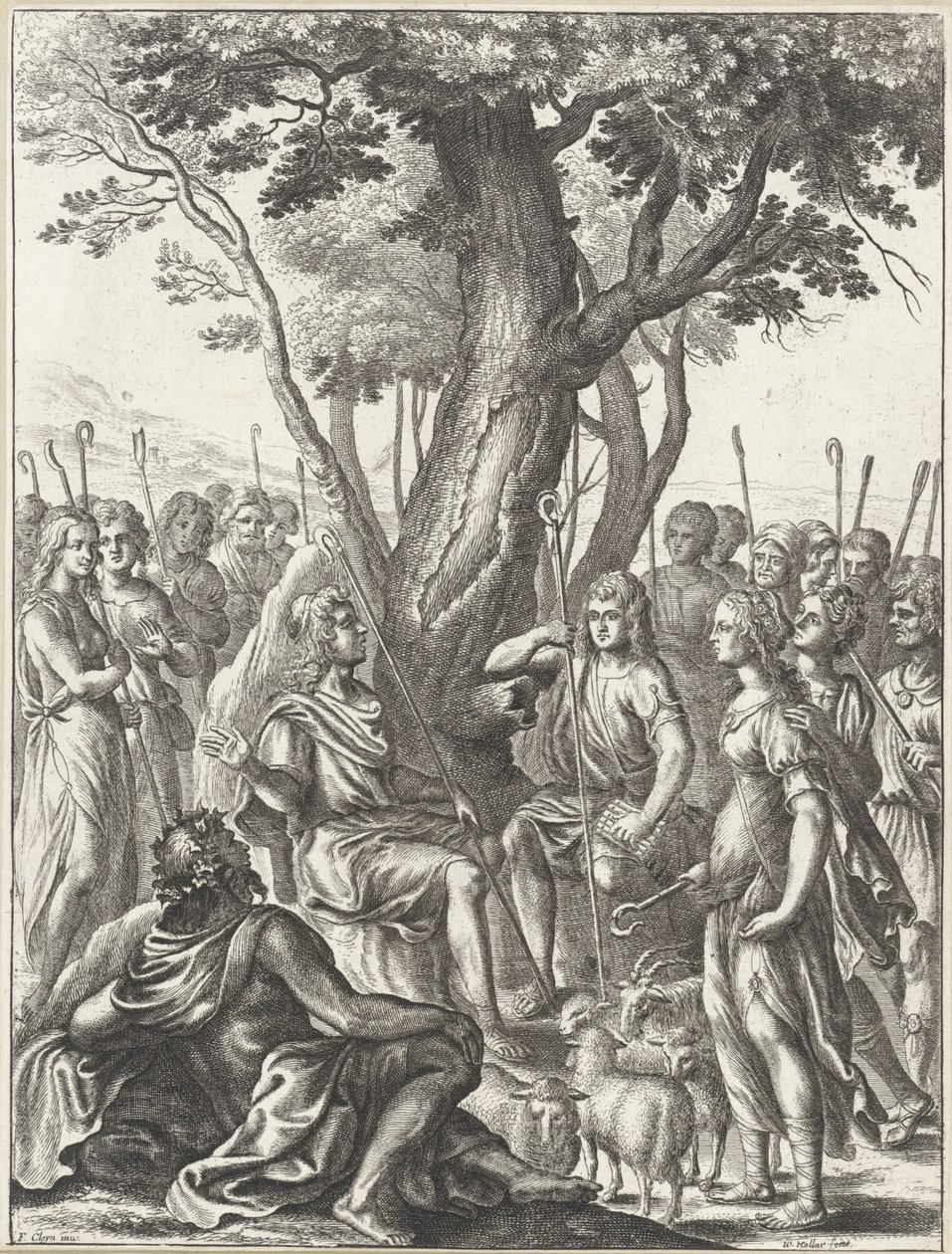 Pasterz Meliboeus sędziuje grę pasterzy Corydon i Thyrsis Dzieła Wergiliusza (tytuł serii) autorstwa Wenceslaus Hollar