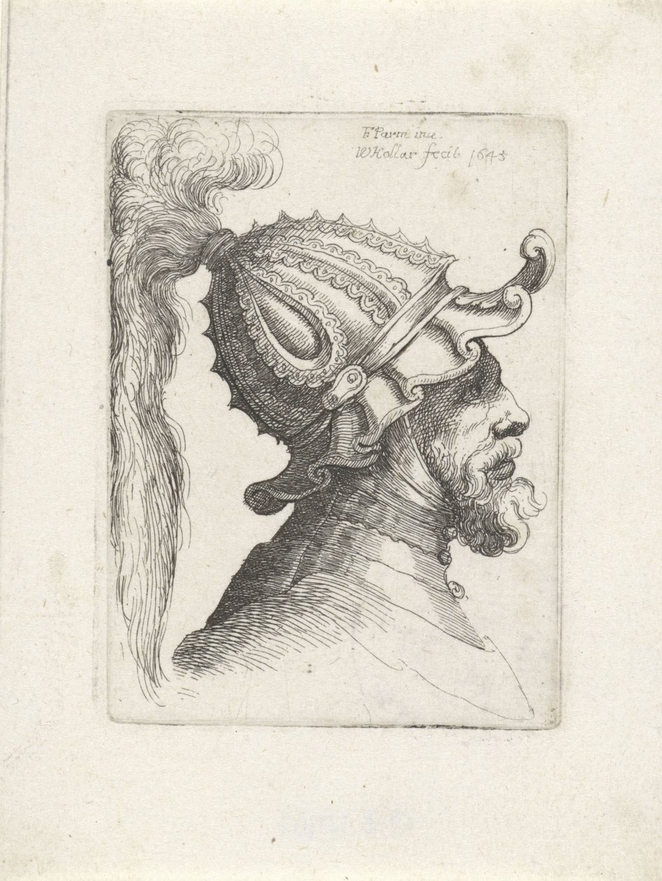 Głowa mężczyzny w hełmie z pióropuszem Głowy z hełmami do Parmigianino (tytuł serii) autorstwa Wenceslaus Hollar
