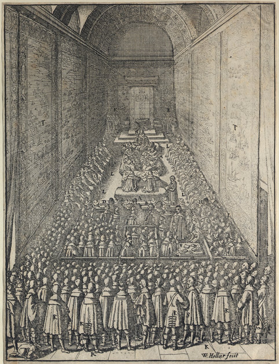 Wnętrze Izby Lordów w sesji, Pałac Westminsterski, Londyn, ok. 1650 autorstwa Wenceslaus Hollar