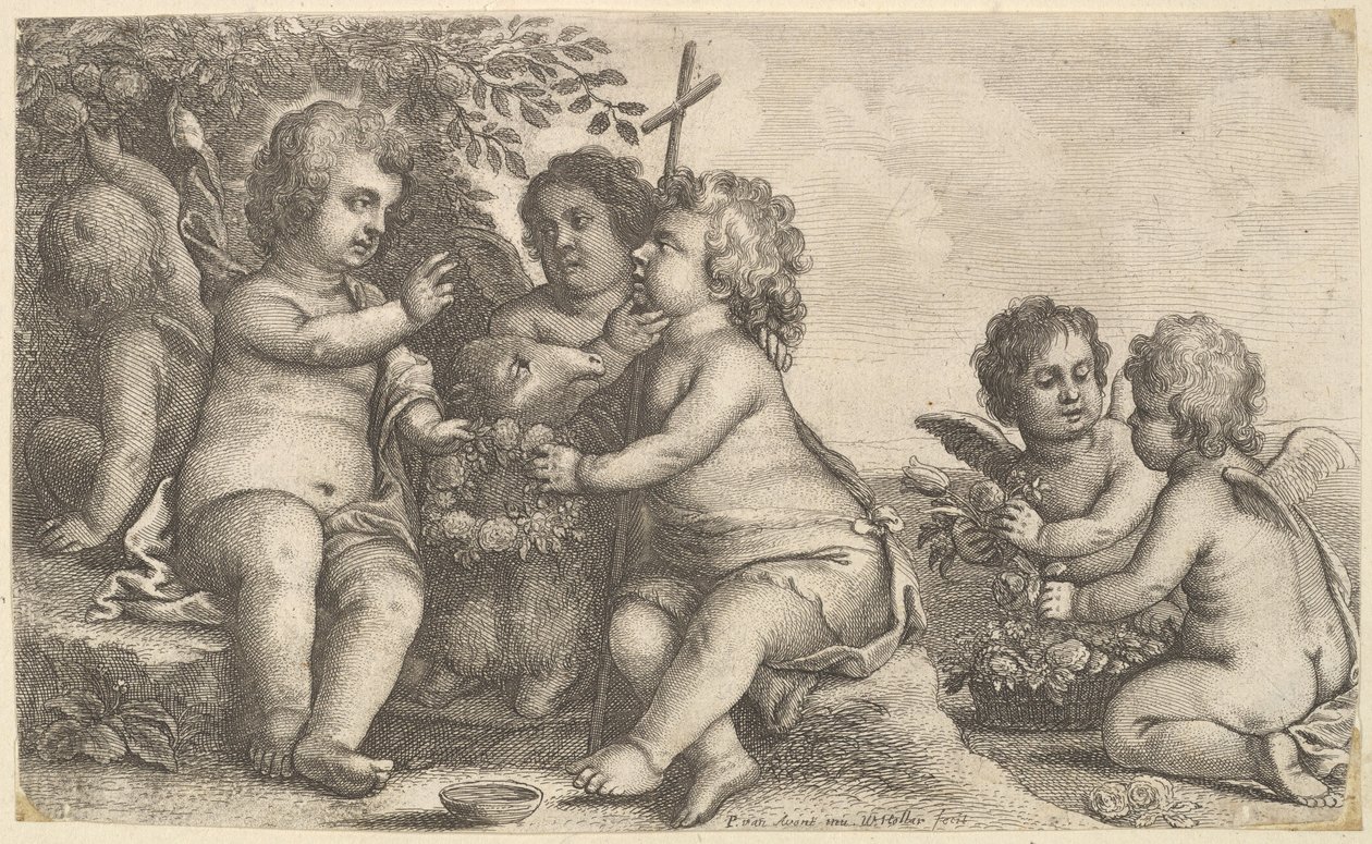 Jezus, św. Jan Chrzciciel i czterech cherubinów, 1625-77. autorstwa Wenceslaus Hollar