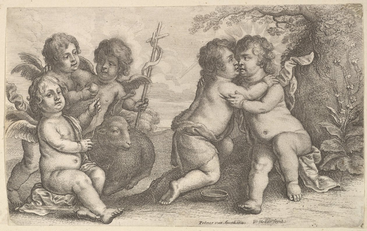Jezus i św. Jan w objęciach z cherubinami, 1646. autorstwa Wenceslaus Hollar