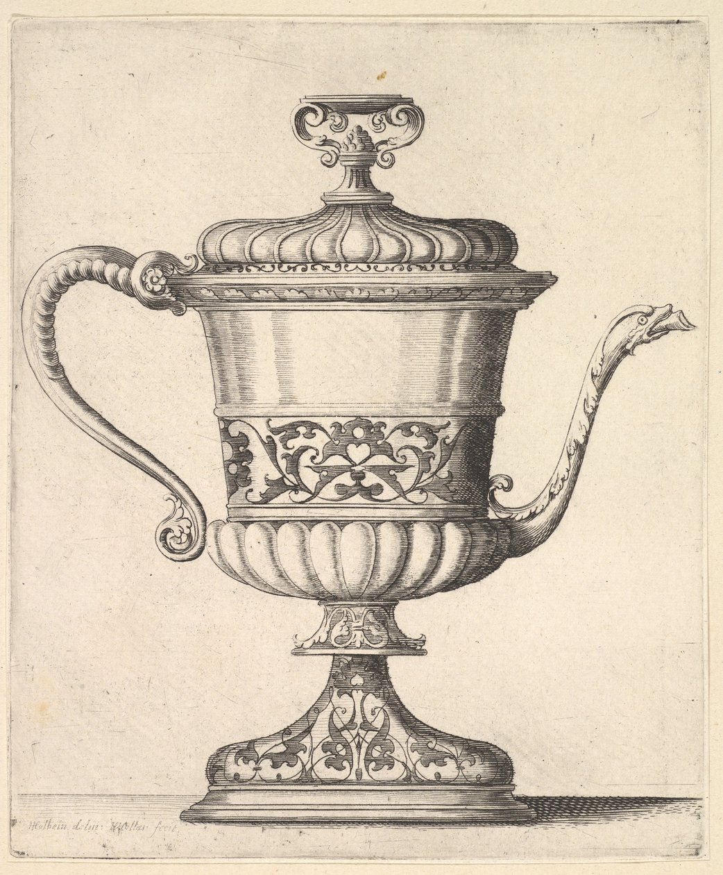 Dzbanek z pokrywką, grawerowany w arabeski, wąski dziobek do prawej zakończony wężem..., 1625-77. autorstwa Wenceslaus Hollar