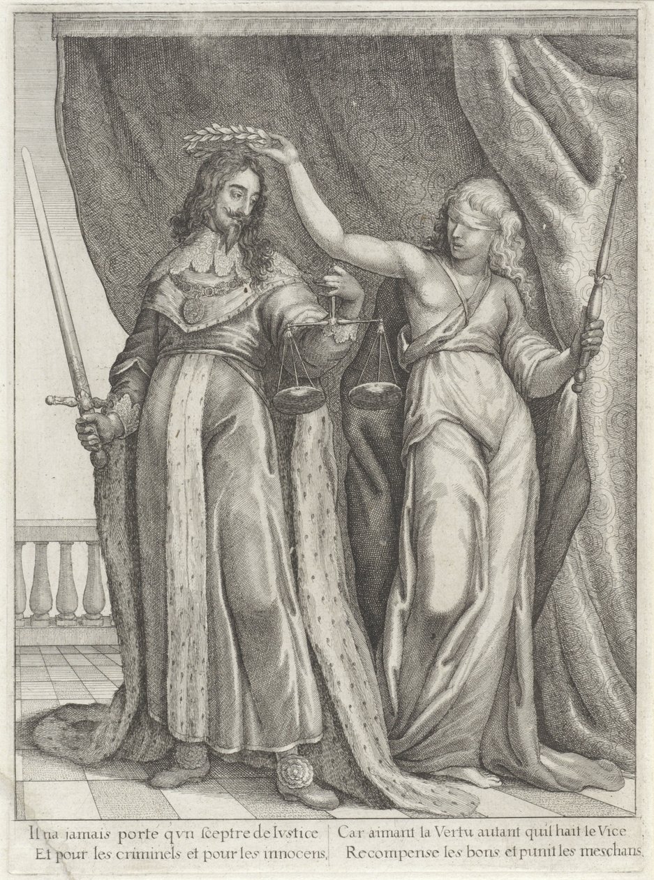 Król Karol I z Anglii uwielbiony przez Justitia autorstwa Wenceslaus Hollar