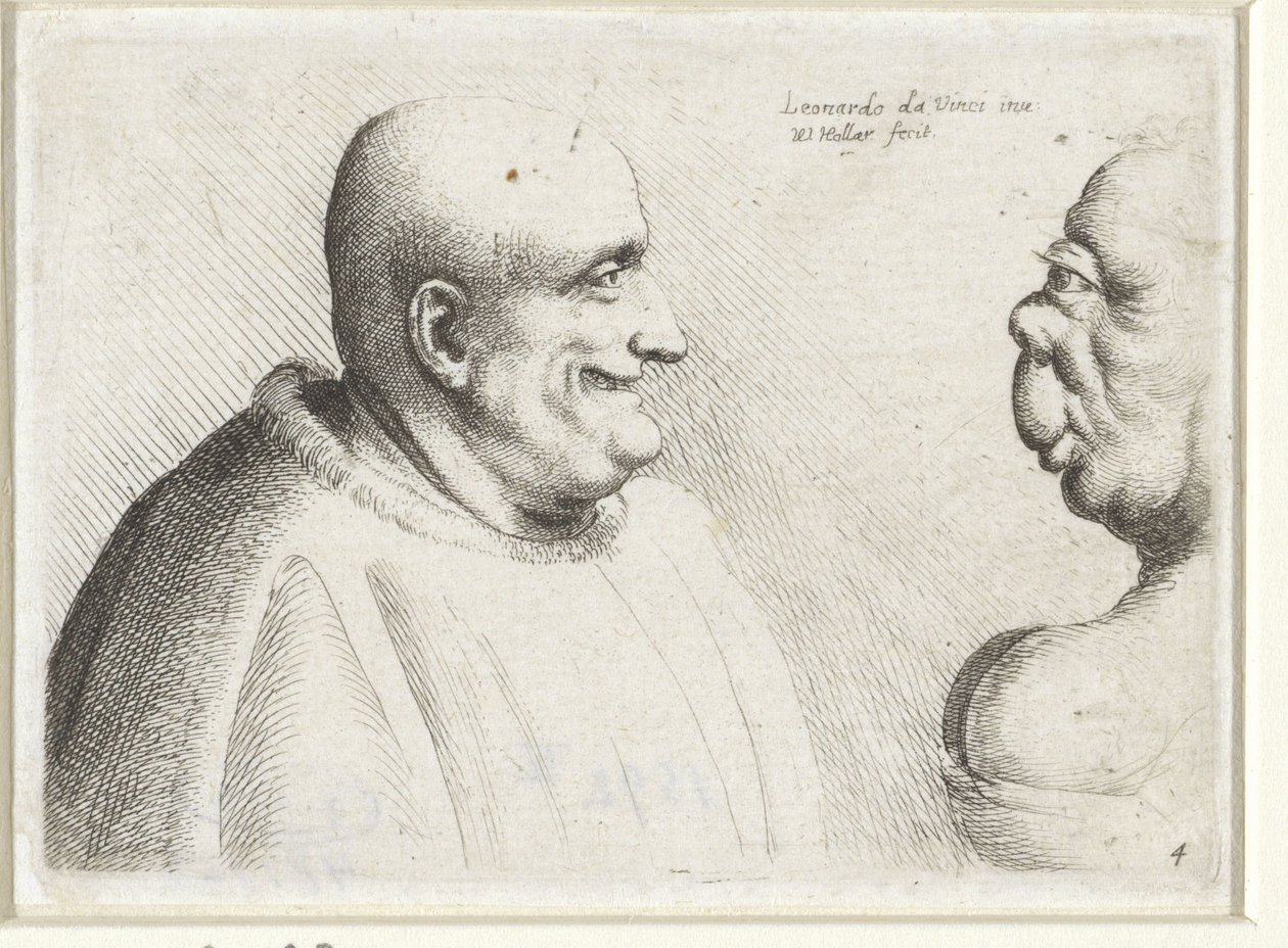Głowy dużego łysego mężczyzny i groteskowej kobiety Varie figurae et probae (tytuł serii) Karykatury, głowy i deformacje wg Leonarda da Vinci (tytuł serialu) autorstwa Wenceslaus Hollar
