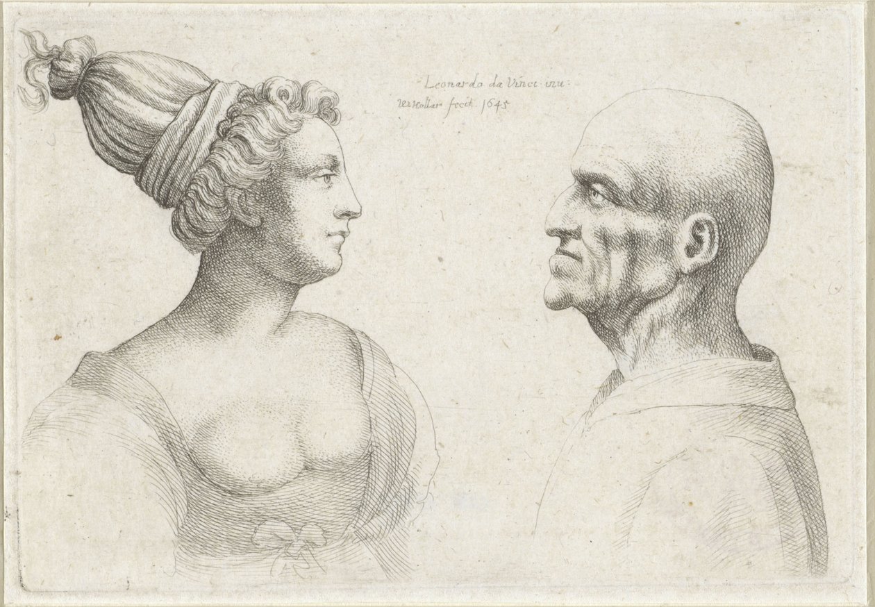 Głowy łysego mężczyzny i kobiety w turbanach Varie figurae et probae (tytuł serii) Karykatury, głowy i deformacje wg Leonarda da Vinci (tytuł serii) autorstwa Wenceslaus Hollar