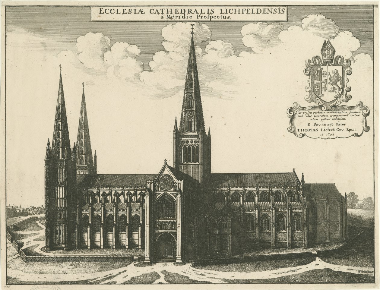 Katedra w Lichfield - widok na południe: rycina, 1672 autorstwa Wenceslaus Hollar