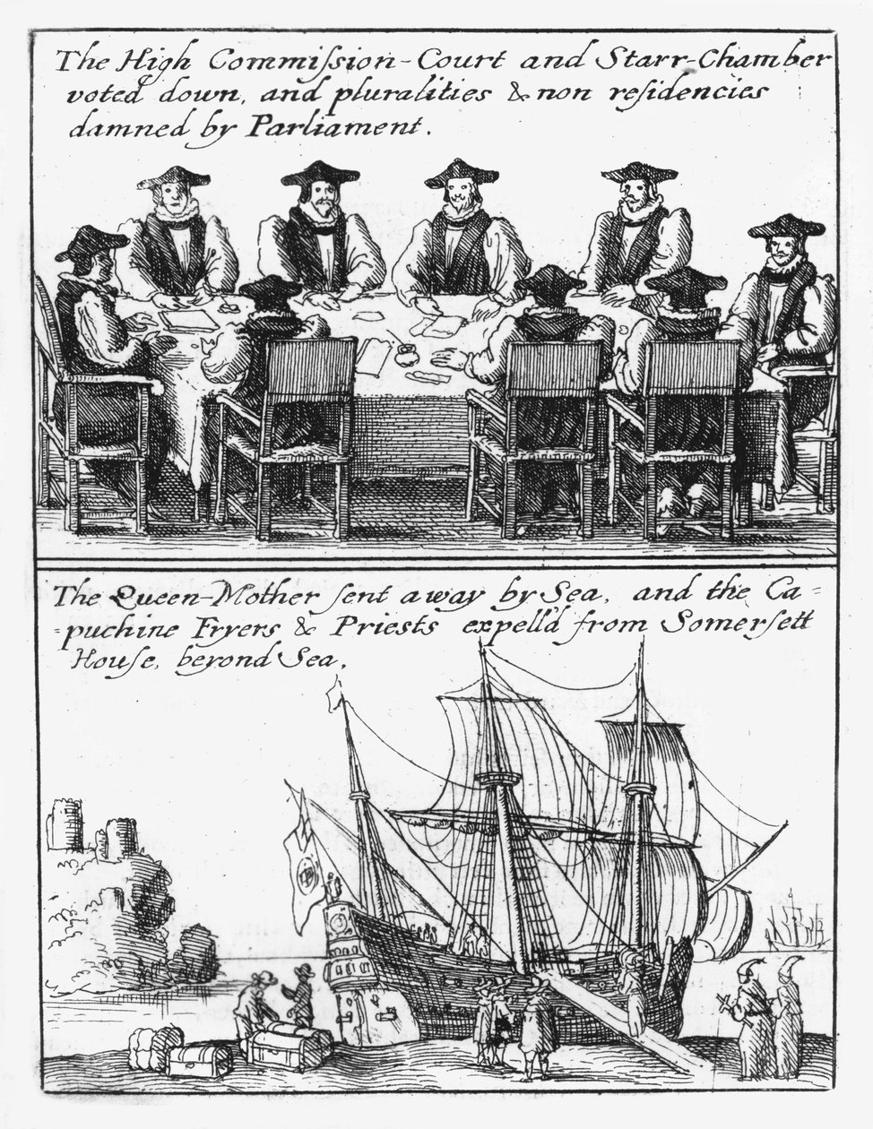 Członkowie Izby Gwiazdy; Królowa Henrietta Maria wypływa z Anglii autorstwa Wenceslaus Hollar