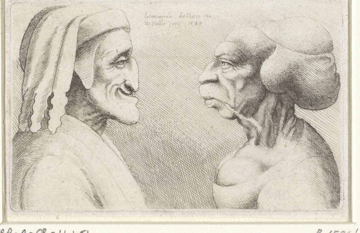 Zdeformowane karykaturalne głowy mężczyzny w kapeluszu (Dante?) i kobiety Varie figurae et probae (tytuł serii) Karykatury, głowy i deformacje wg Leonarda da Vinci (tytuł serii) autorstwa Wenceslaus Hollar