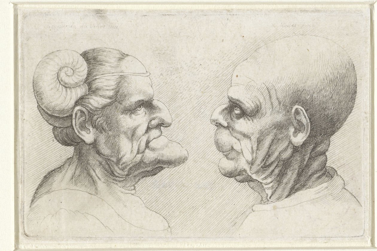 Zdeformowane głowy łysego mężczyzny i kobiety z rogami na głowie Varie figurae et probae (tytuł serii) Karykatury, głowy i deformacje wg Leonarda da Vinci (tytuł serialu) autorstwa Wenceslaus Hollar