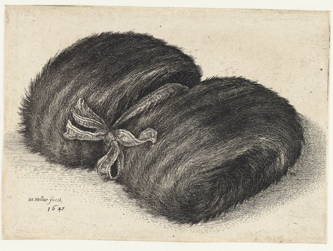 Futrzana mufka ozdobiona wstążką Mufki (tytuł serii) autorstwa Wenceslaus Hollar