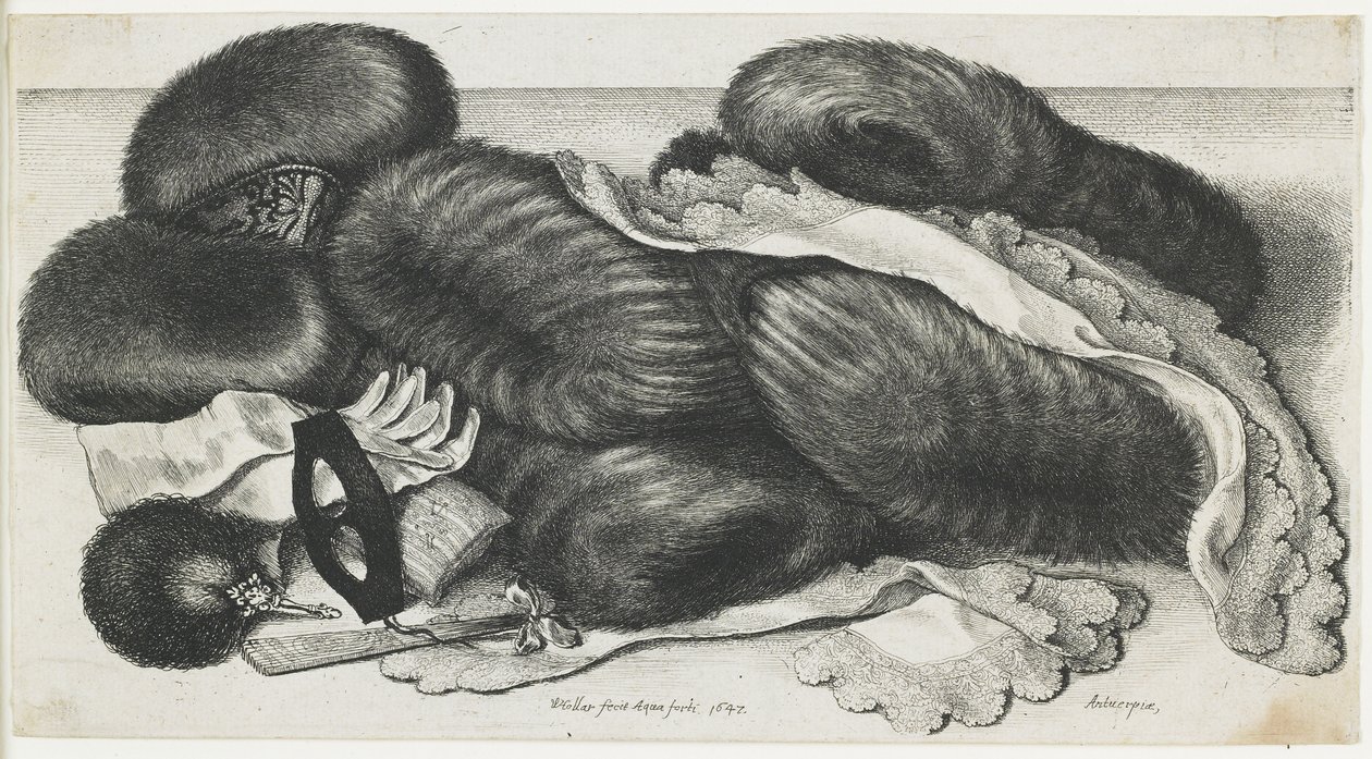 Mufki i artykuły odzieżowe na stole, 1647 autorstwa Wenceslaus Hollar