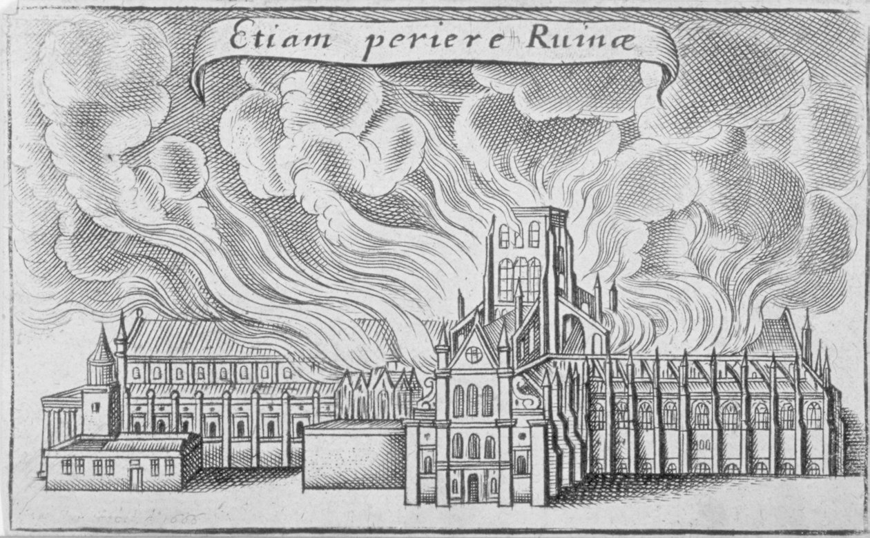 Stara katedra św. Pawła płonąca podczas wielkiego pożaru Londynu, 1666 r autorstwa Wenceslaus Hollar