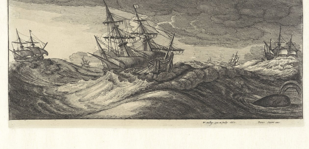 Okręty wojenne i wieloryb podczas morskiej burzy Burze morskie (tytuł serii) autorstwa Wenceslaus Hollar