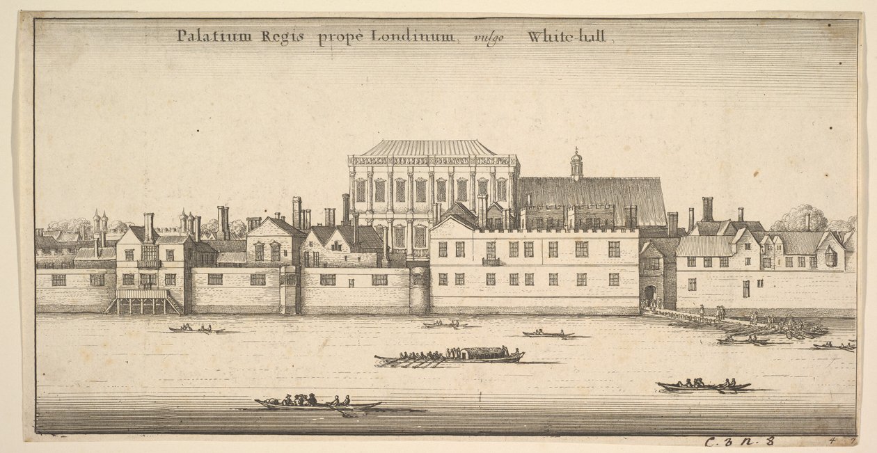 Pałac Królewski pod Londynem, powszechnie znany jako White-hall Royal Palace of Whitehall, Londyn, ca. 1647 autorstwa Wenceslaus Hollar