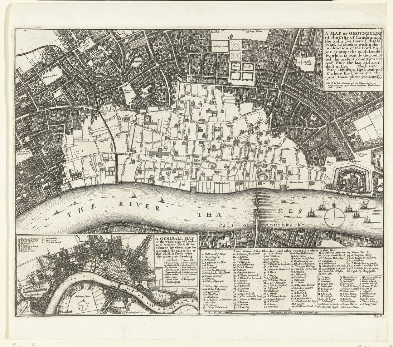 Mapa Londynu po wielkim pożarze w 1666 r Mapa lub Groundplot of the City of London and the Suburbes (...) (tytuł na obiekcie) autorstwa Wenceslaus Hollar