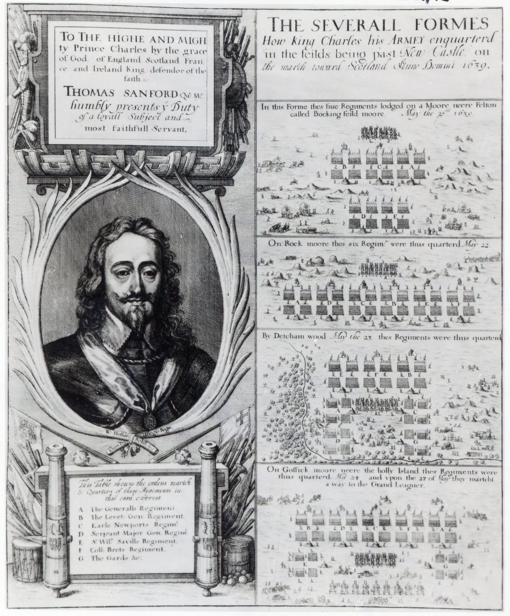 Portret króla Karola I z diagramami przedstawiającymi formację jego wojsk podczas wojny biskupiej, ok. 1639 autorstwa Wenceslaus Hollar