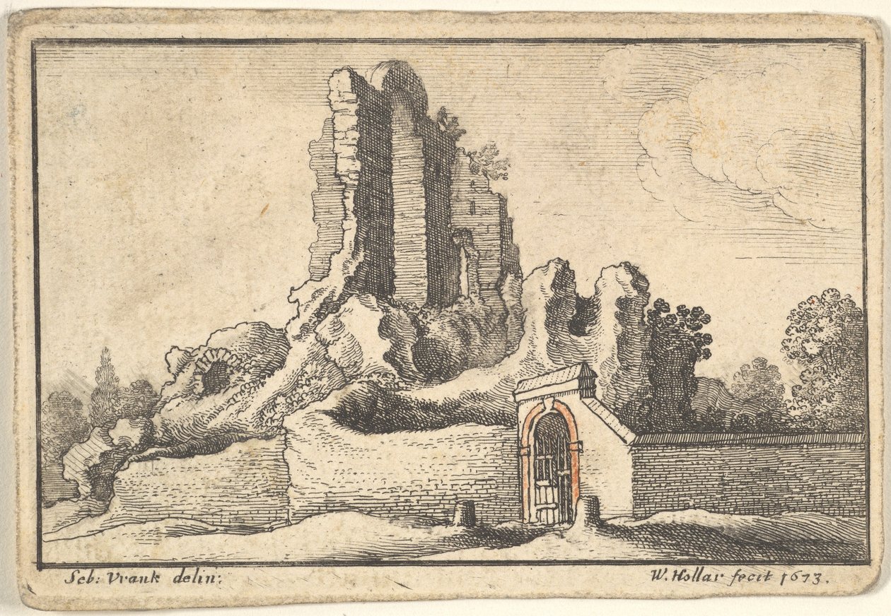 Ruiny i zakratowana brama na wzgórzu Esquiline w Rzymie, 1673. autorstwa Wenceslaus Hollar