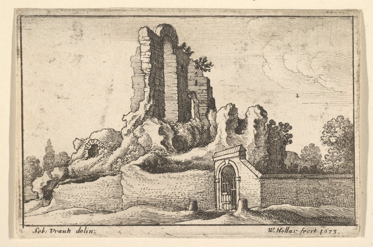 Ruiny i zakratowana brama na Wzgórzu Eskwilinu w Rzymie, 1673. autorstwa Wenceslaus Hollar