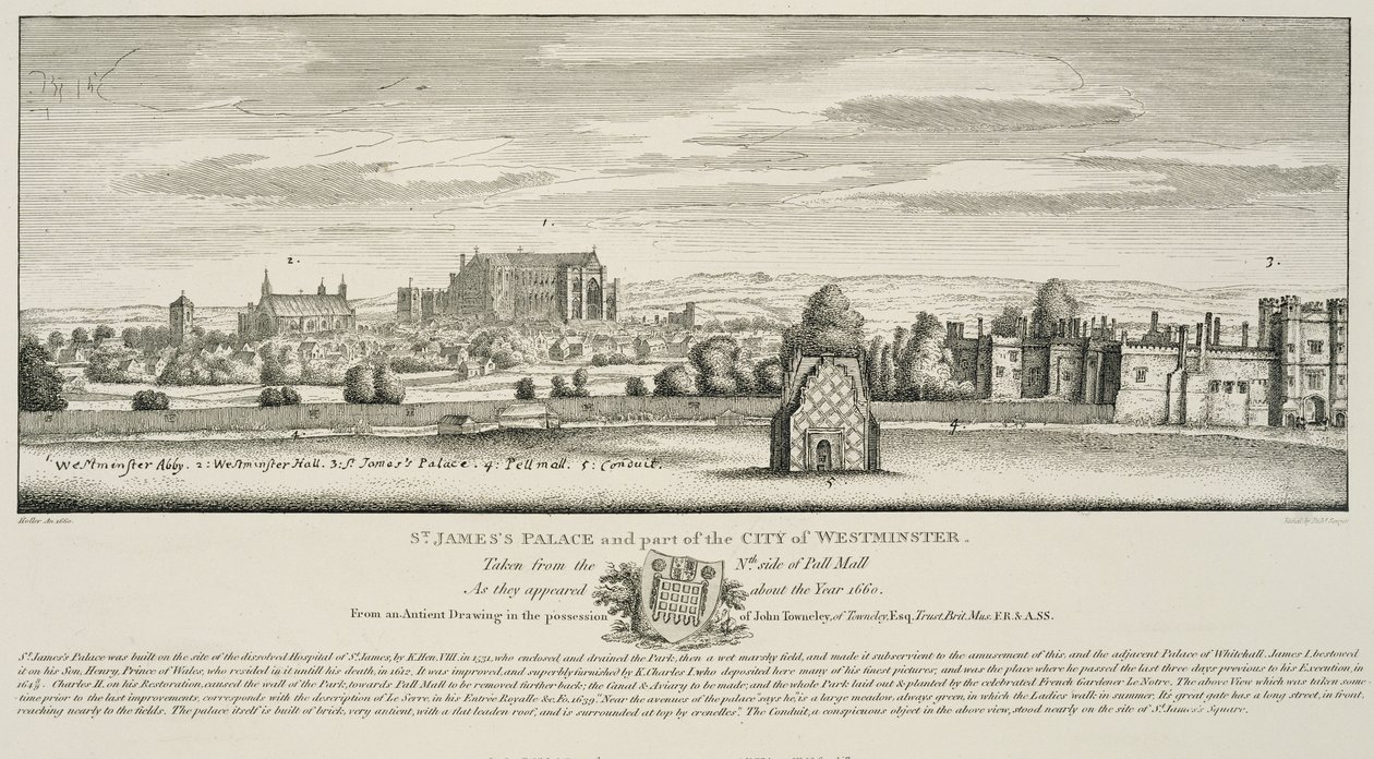 Pałac św. Jakuba i część miasta Westminster od północnej strony Pall Mall w 1660, grawerowane przez Richarda Sawyera, opublikowane 1809 autorstwa Wenceslaus Hollar