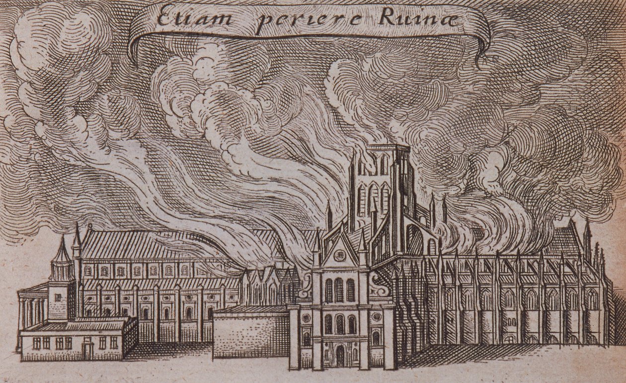 Stara katedra św. Pawła, Londyn, płonie, 1666 autorstwa Wenceslaus Hollar