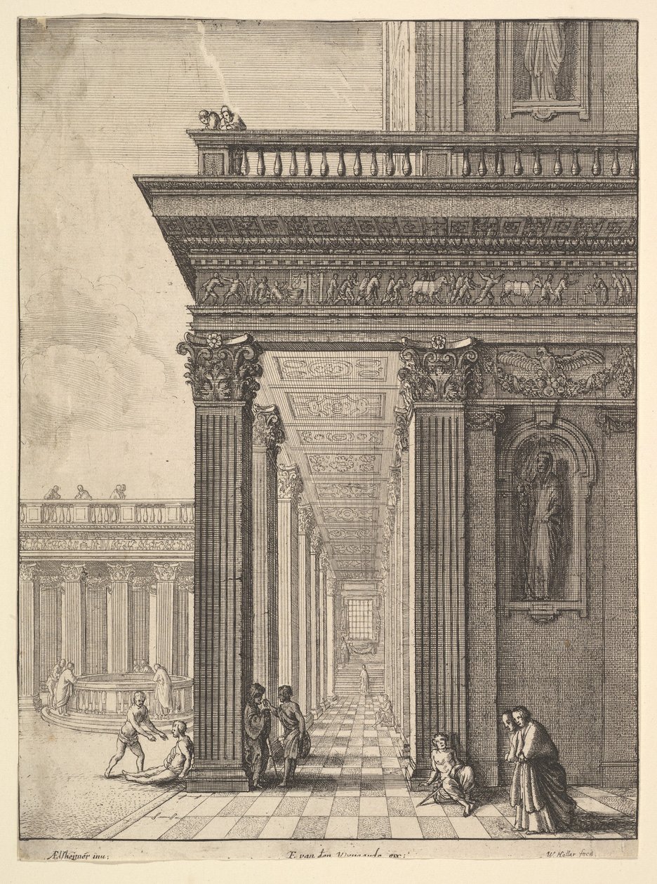 Dziedziniec świątynny z figurami, wg Davida Teniersa Starszego, 1625-77. autorstwa Wenceslaus Hollar