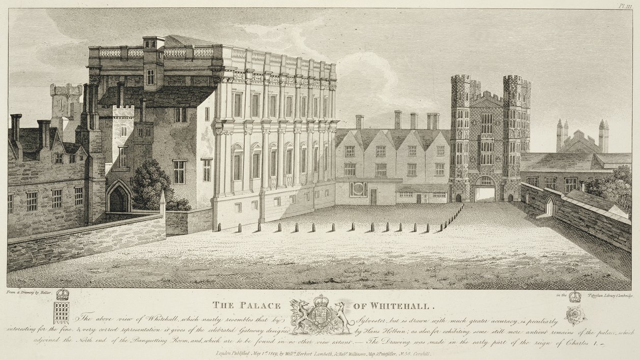 Pałac Whitehall, z rysunku w Bibliotece Pepysian, Cambridge, wydany w 1809 r. autorstwa Wenceslaus Hollar