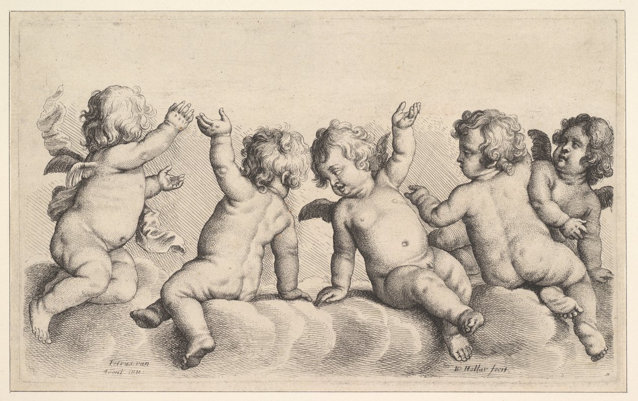Trzech cherubinów i dwóch chłopców na chmurach, 1620-77. autorstwa Wenceslaus Hollar