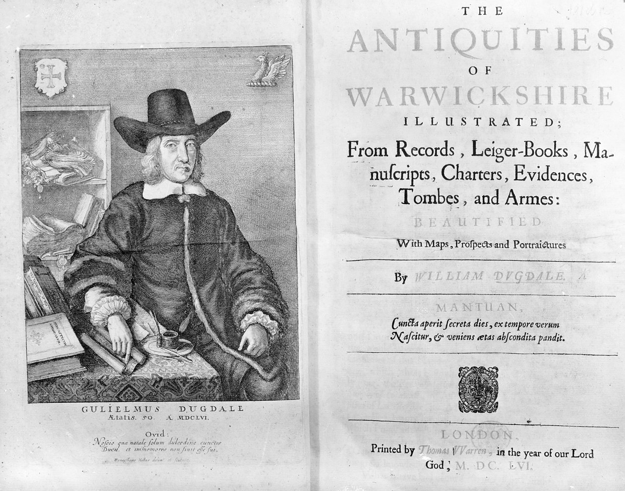 Strona tytułowa i frontyspis do „Zabytków Warwickshire” Williama Dugdale