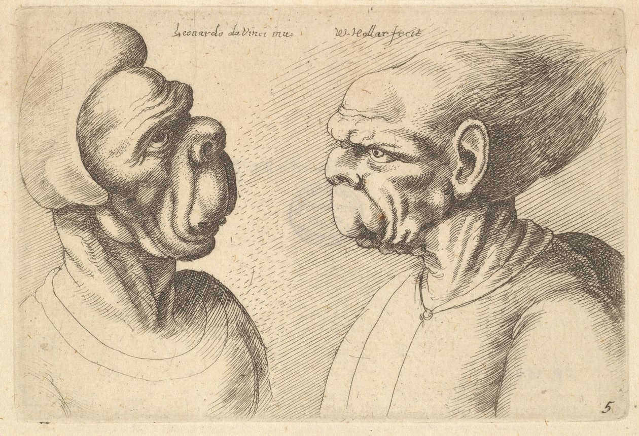 Dwie zdeformowane głowy skierowane do wewnątrz, 1625-77. autorstwa Wenceslaus Hollar