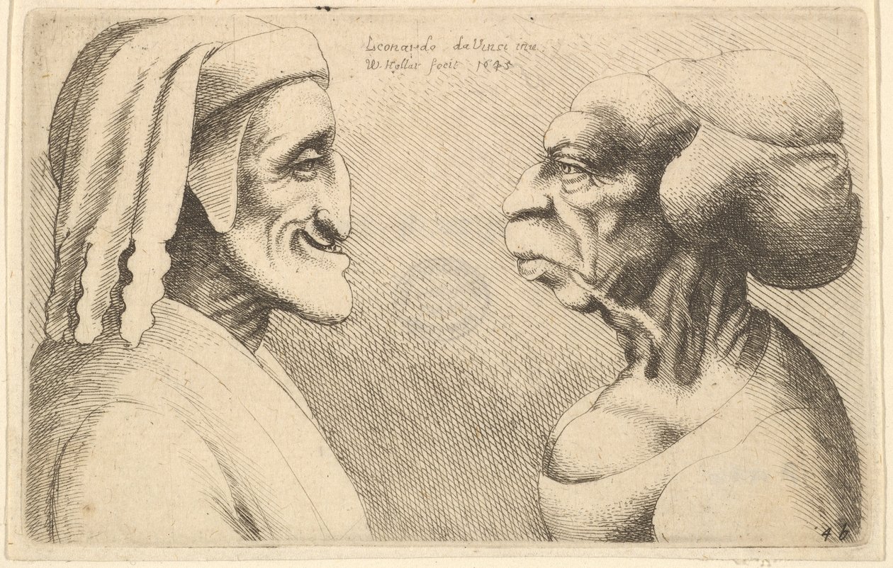 Dwie zdeformowane głowy postać po lewej jest prawdopodobnie karykaturą Dantego, 1645. autorstwa Wenceslaus Hollar