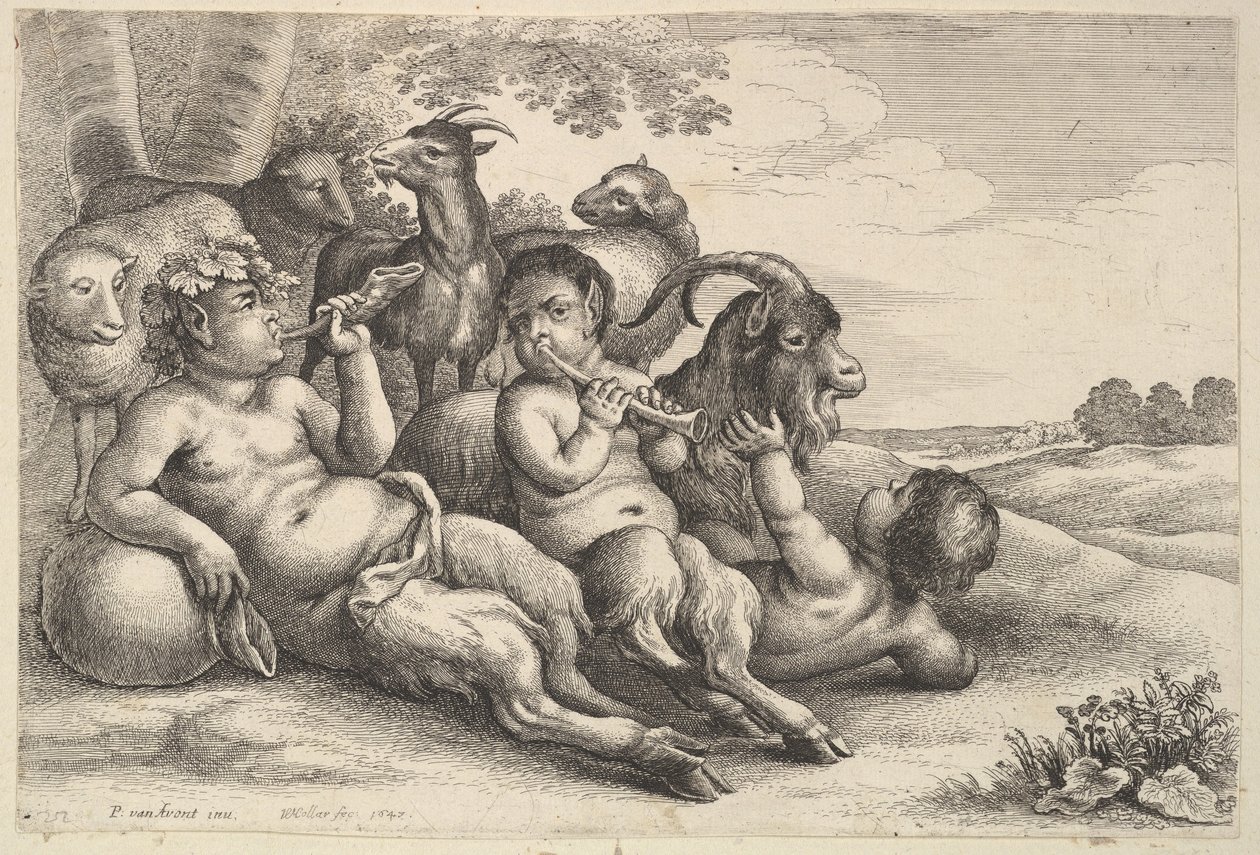 Dwóch młodych satyrów i chłopiec, 1647. autorstwa Wenceslaus Hollar