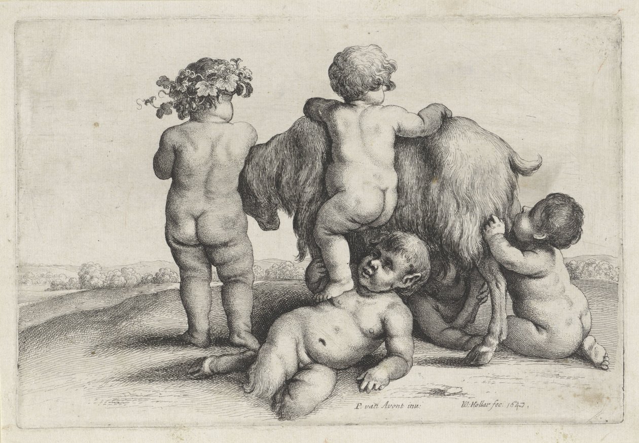 Czterech chłopców, satyr i koza Putti i Satyrowie (tytuł serii) autorstwa Wenceslaus Hollar