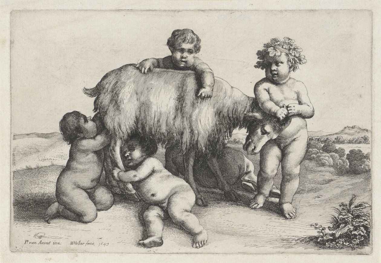Czterech chłopców, satyr i koza stoją po prawej stronie Putti i Satyrowie (tytuł serii) autorstwa Wenceslaus Hollar
