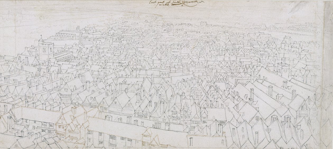 Widok na wschodnią część Southwark Patrząc w stronę Greenwich (długopis, czarny i brązowy tusz i ołówek na papierze wykładanym) autorstwa Wenceslaus Hollar