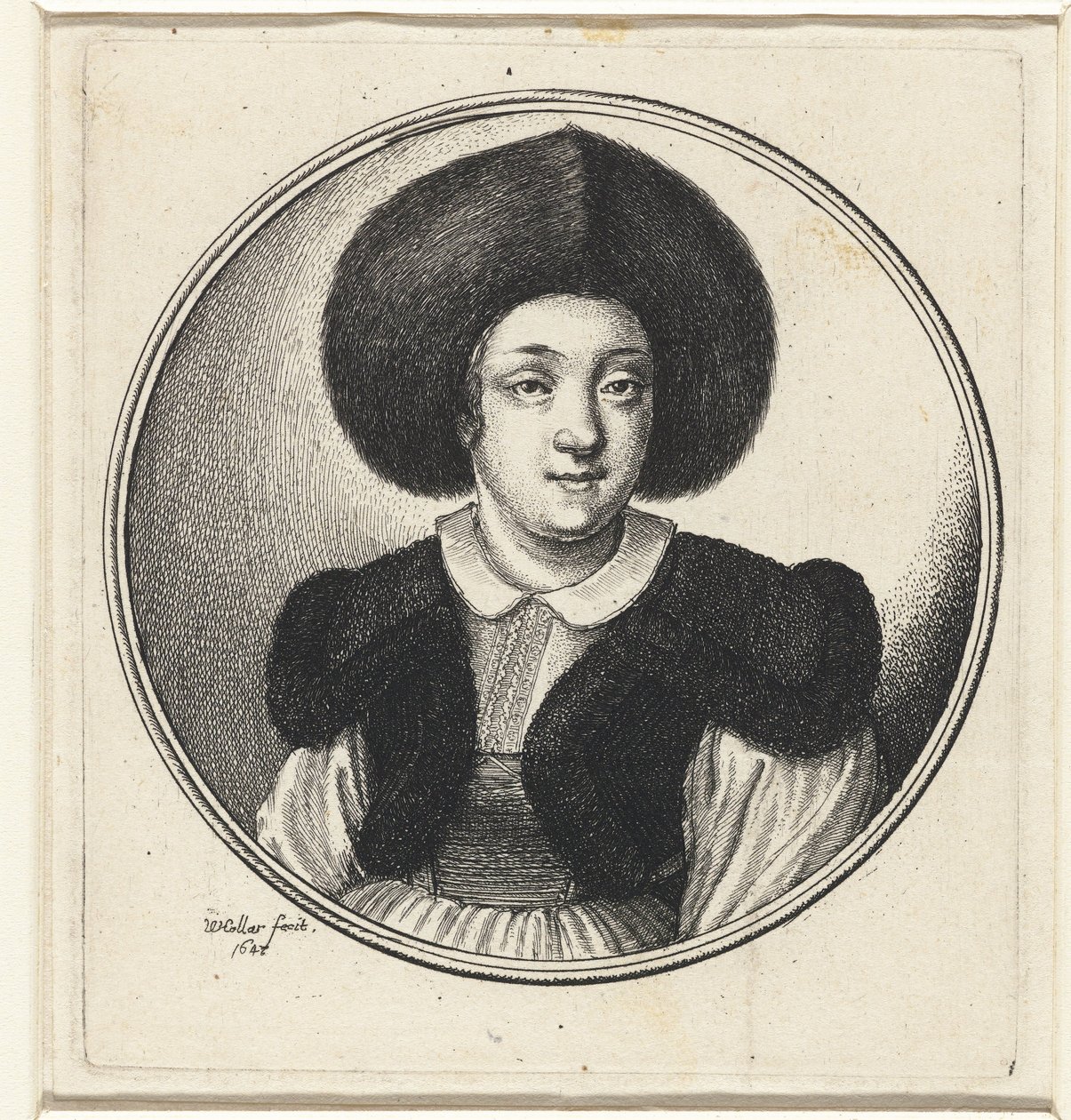 Kobieta w futrzanym kapeluszu Kobiece popiersia w okrągłych ramach (tytuł serii) autorstwa Wenceslaus Hollar