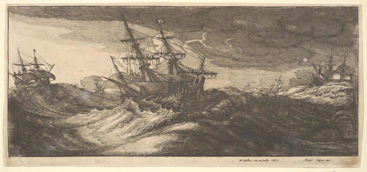 Okręt wojenny i wieloryb tryskający, 1665. autorstwa Wenceslaus Hollar