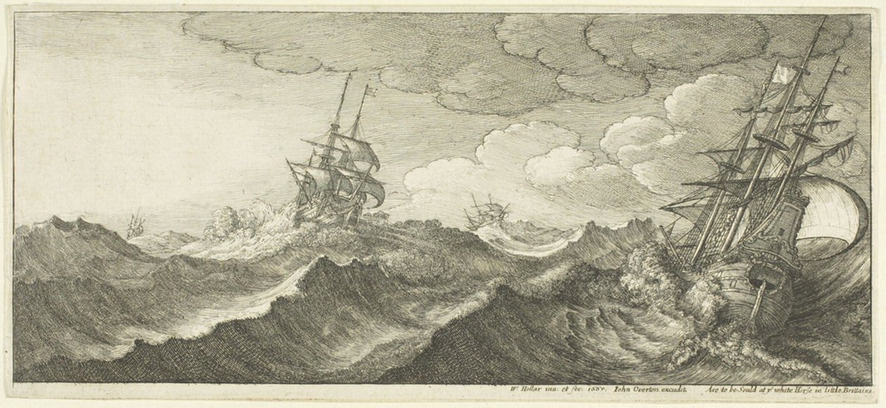 Okręt wojenny w dolinie fali autorstwa Wenceslaus Hollar