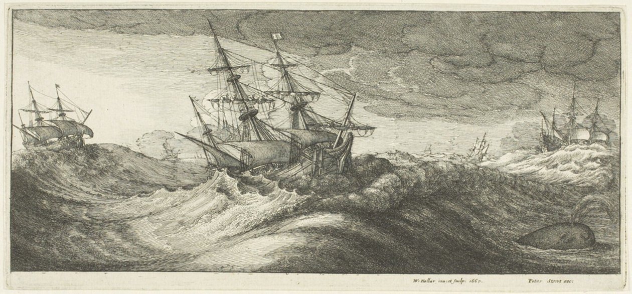 Okręty wojenne i tryskający wieloryb autorstwa Wenceslaus Hollar