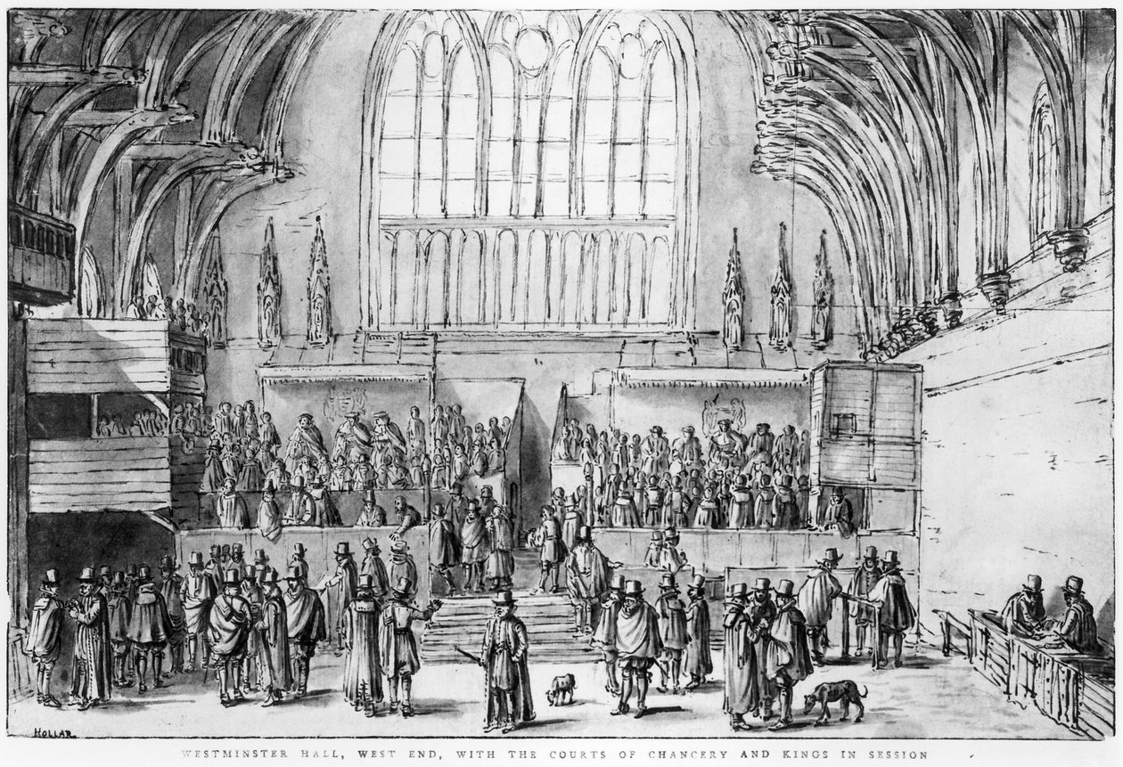 Westminster Hall, West End, z Sądami Kanclerskim i Królewskim w trakcie sesji autorstwa Wenceslaus Hollar