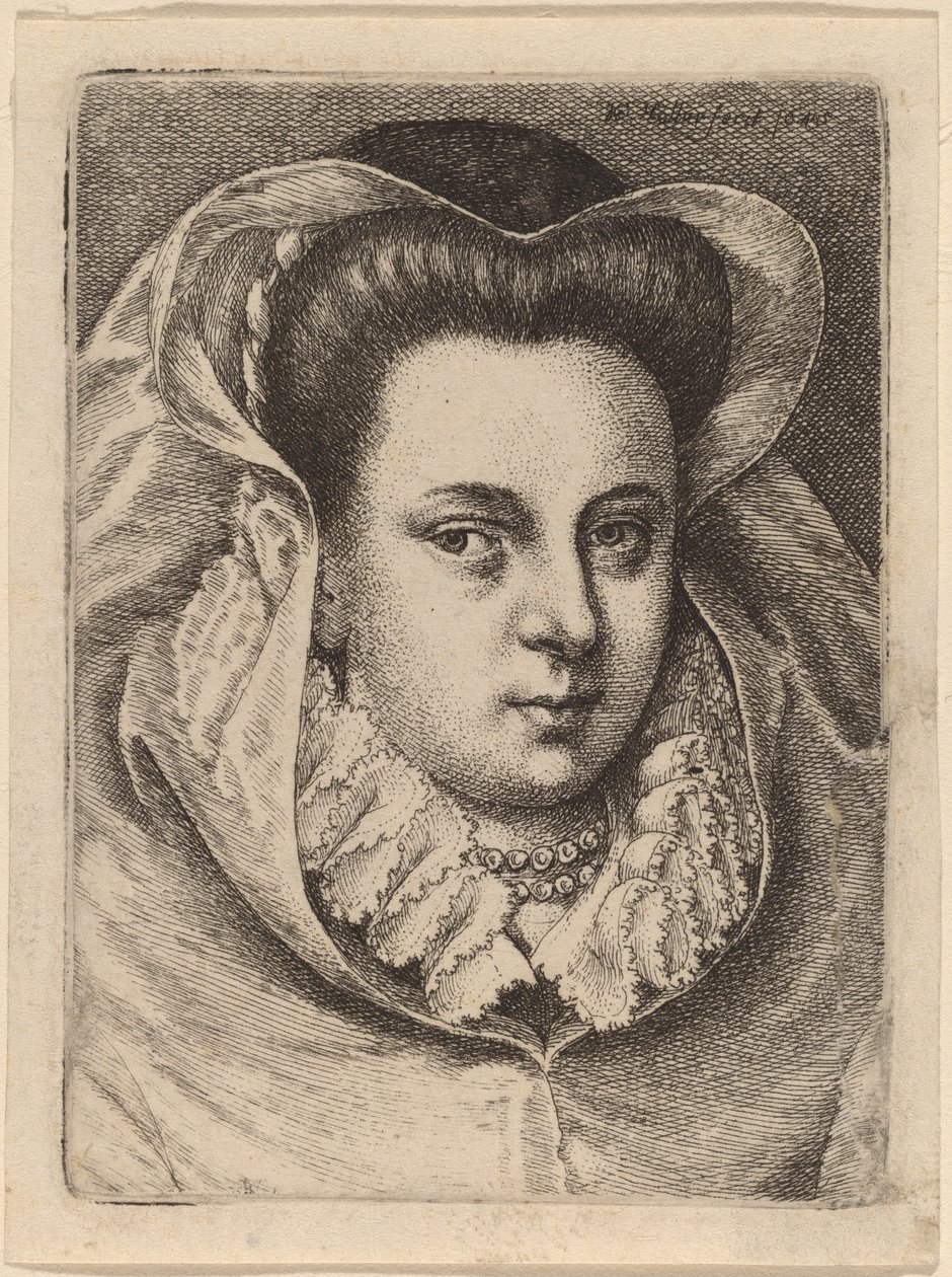 Kobieta w białym welonie i czarnym kapeluszu (Mary Stuart?) autorstwa Wenceslaus Hollar