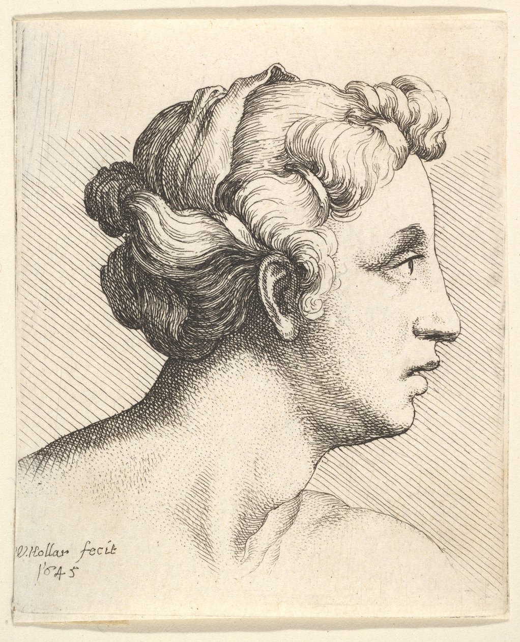 Kobieta ze związanym warkoczem włosów z profilu po prawej, 1645. autorstwa Wenceslaus Hollar