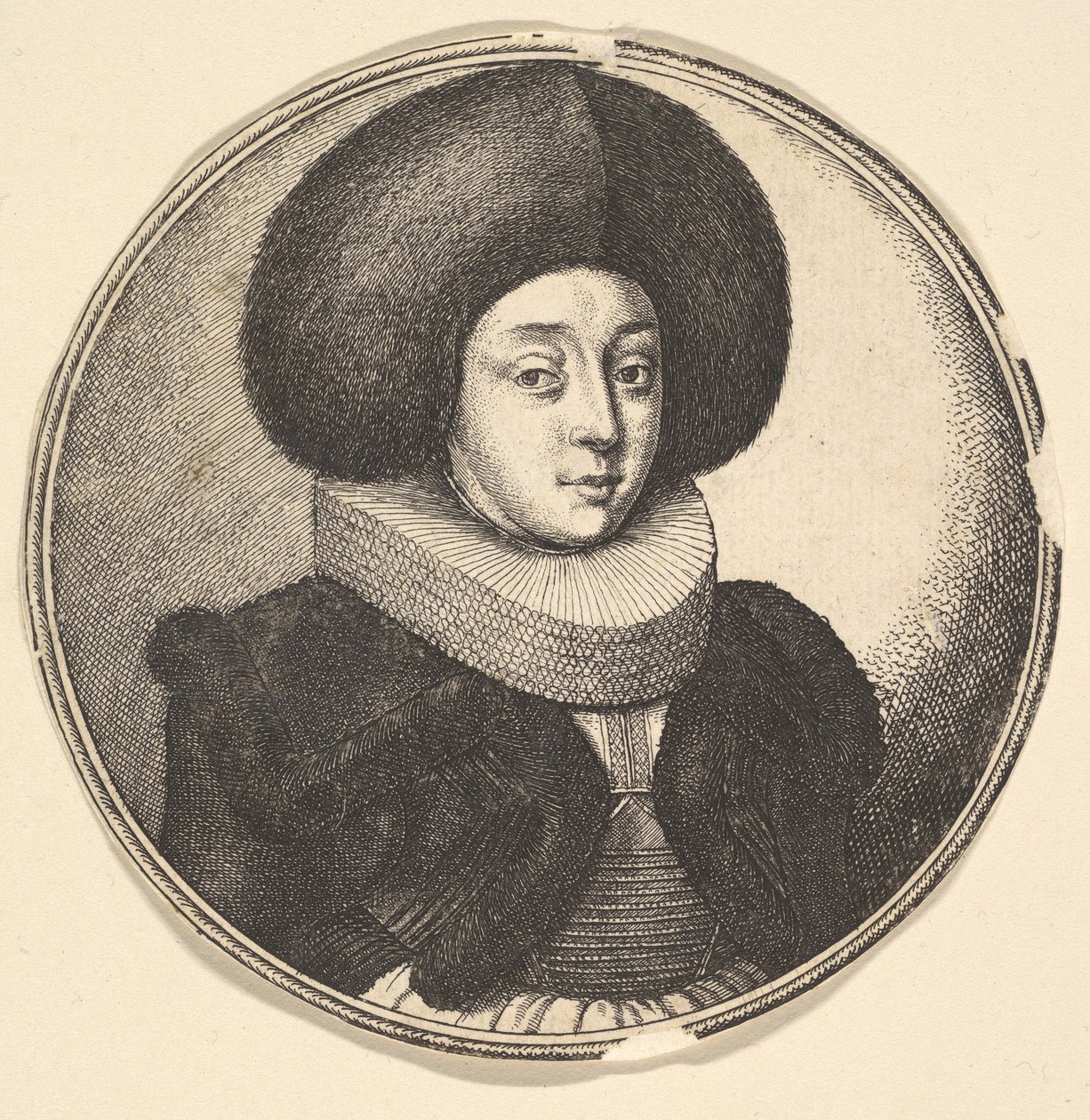 Kobieta z dużym okrągłym futrzanym kapeluszem i koronkową kryzą, 1645. autorstwa Wenceslaus Hollar