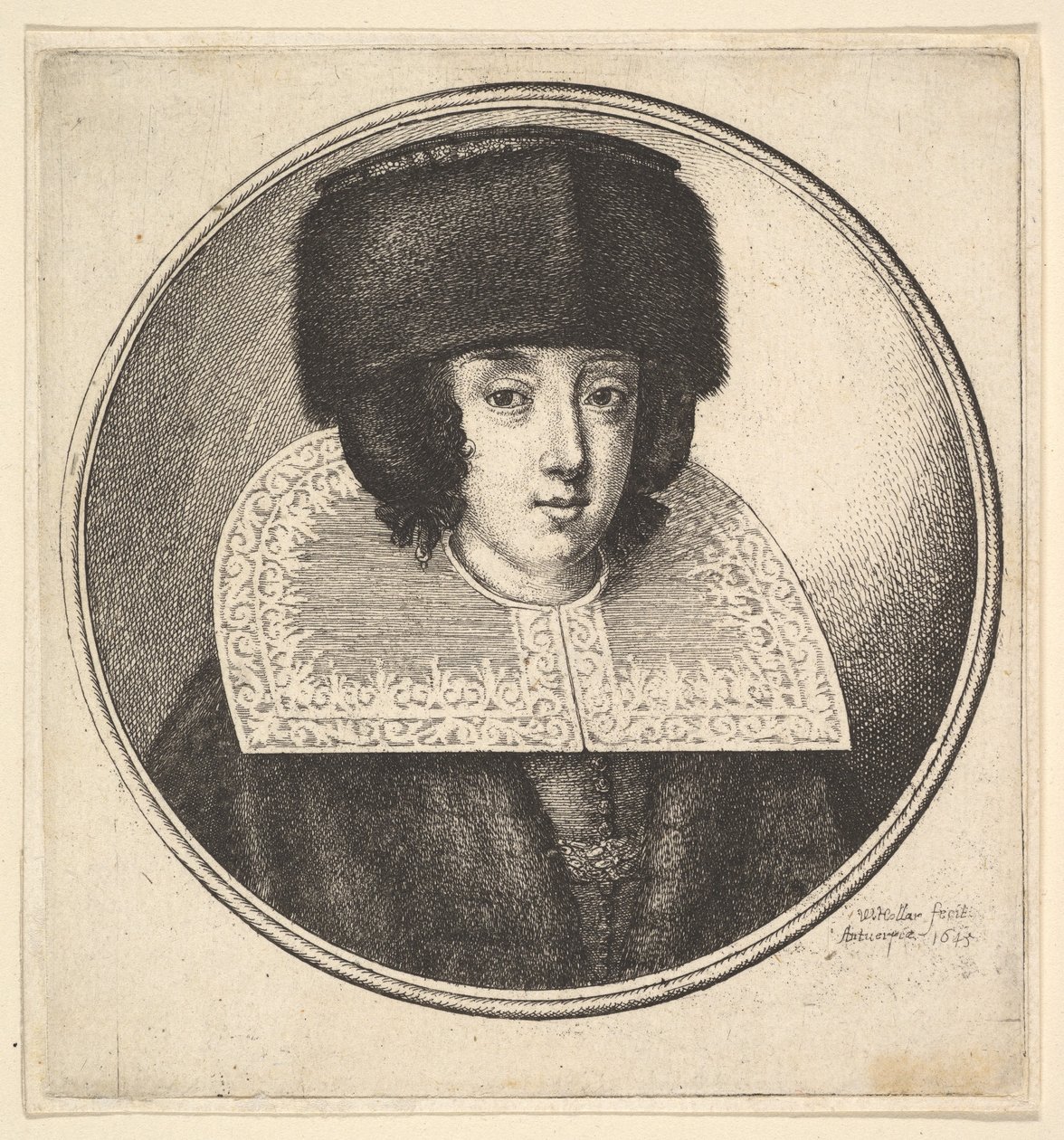 Kobieta ze sztywnym koronkowym kołnierzem i futrzanym kapeluszem z płaską koroną, 1645. autorstwa Wenceslaus Hollar