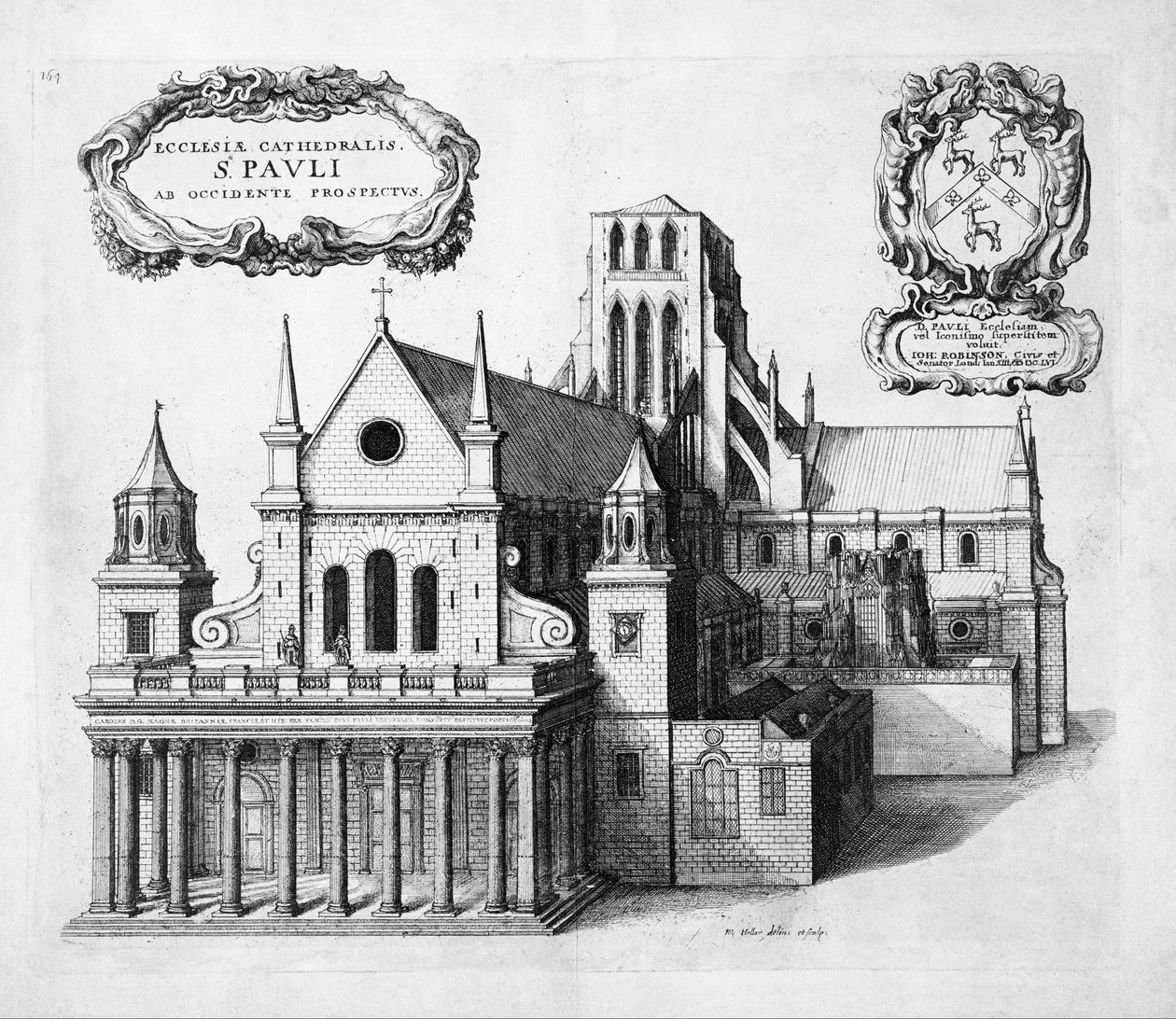 Odbitka; akwaforta - Katedra św. Pawła od zachodu autorstwa Wenceslaus Hollar