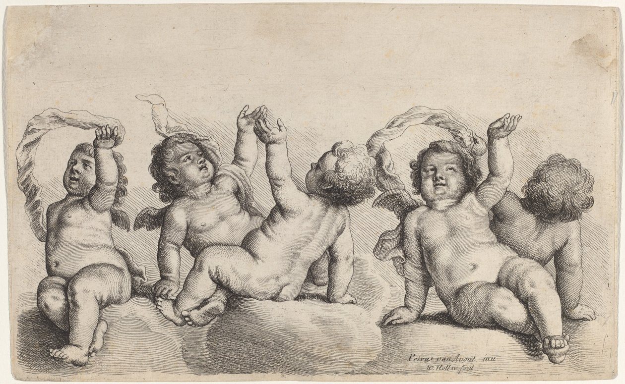 Trzech cherubinów i dwóch chłopców wznoszących jedną rękę na chmurach autorstwa Wenceslaus Hollar, after Peeter van Avont