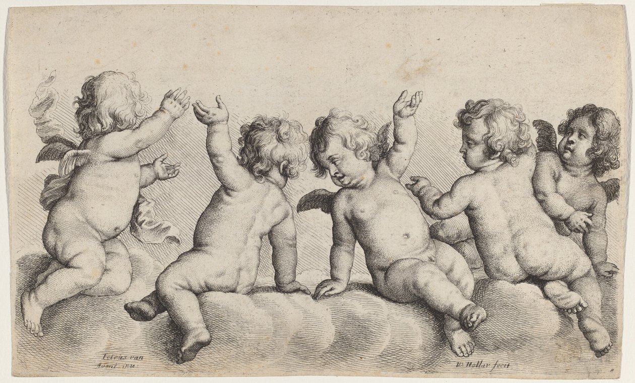 Trzech cherubinów i dwóch chłopców na chmurach autorstwa Wenceslaus Hollar, after Peeter van Avont