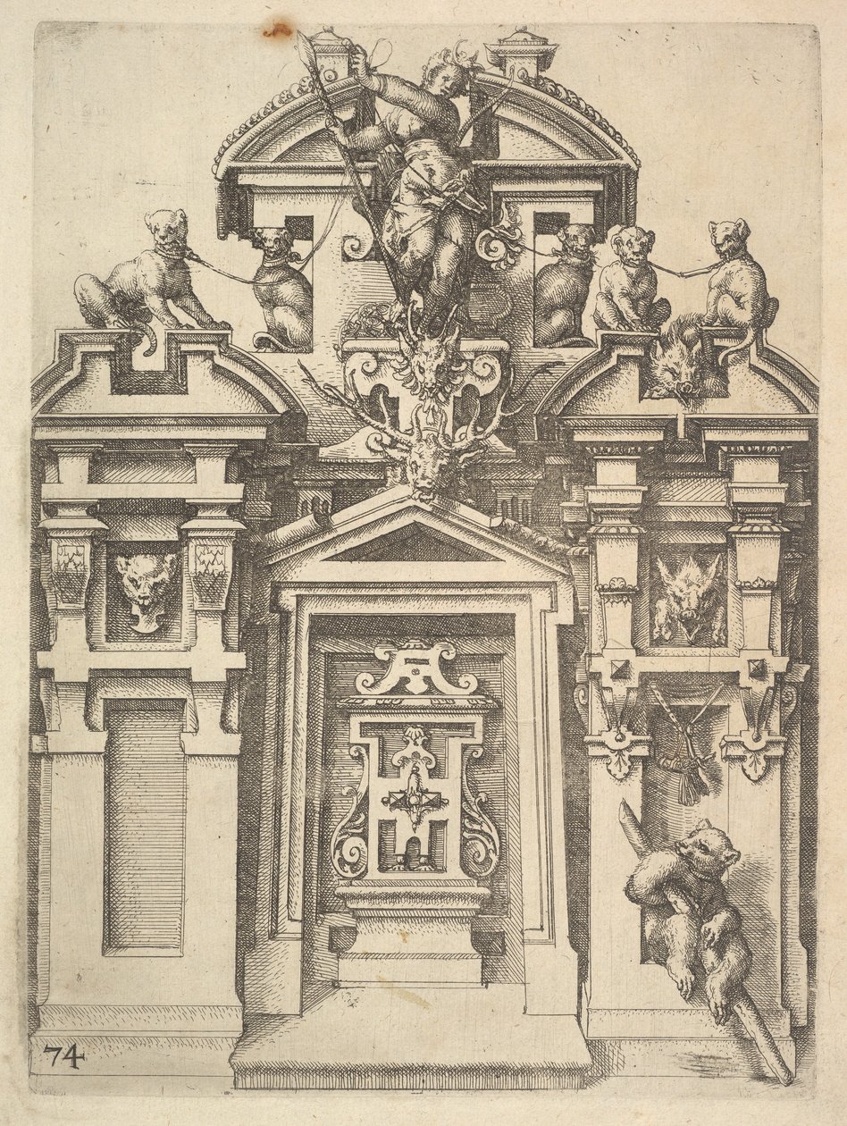 Projekt budowli architektonicznej z motywem myśliwskim, tablica 74 z Ar. Dietterlina, 1598. autorstwa Wendel Dietterlin the Elder